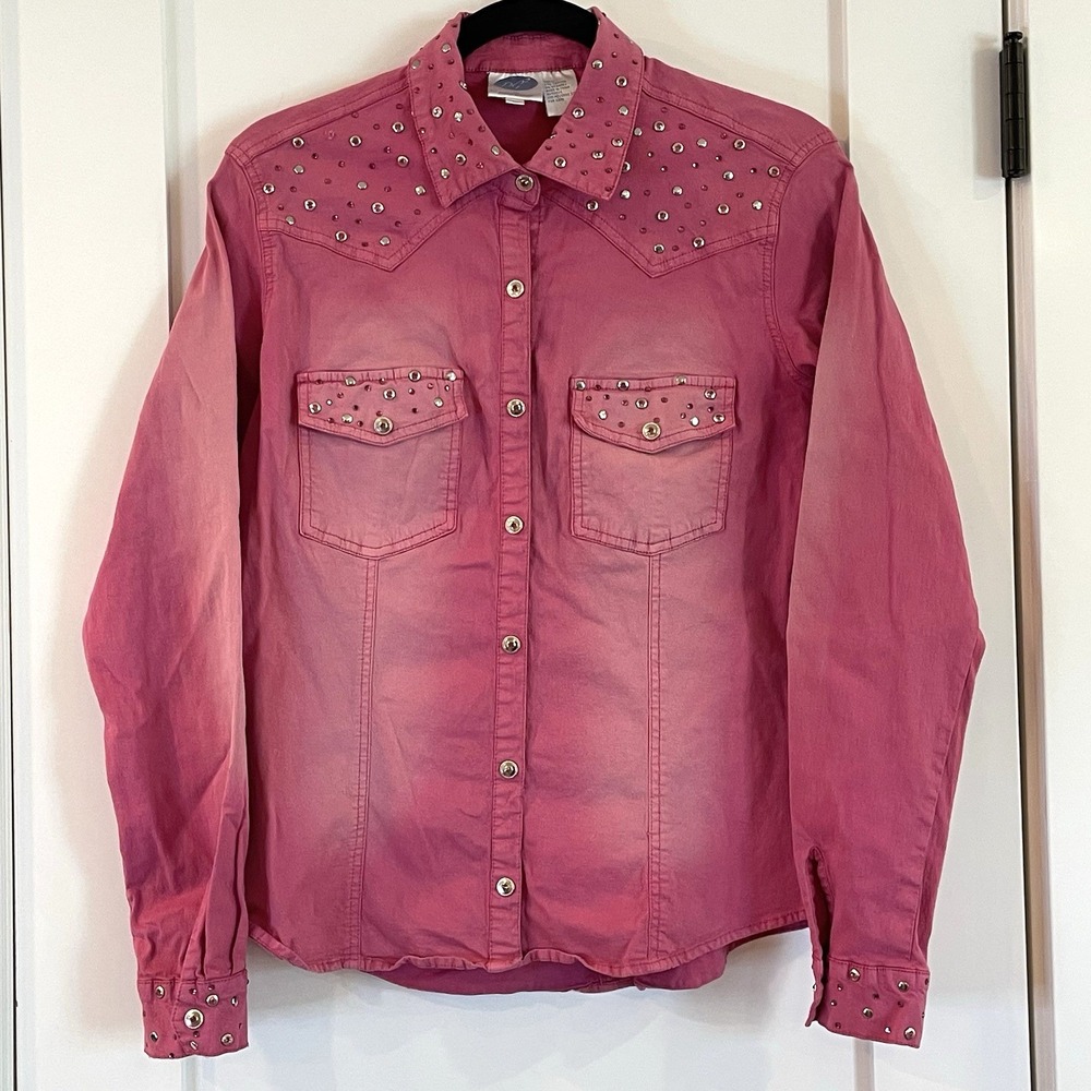 DG2 Diane Gilman Distressed‎ Pink Rhinestone Denim Shirt Light Jacket M Cowgirl